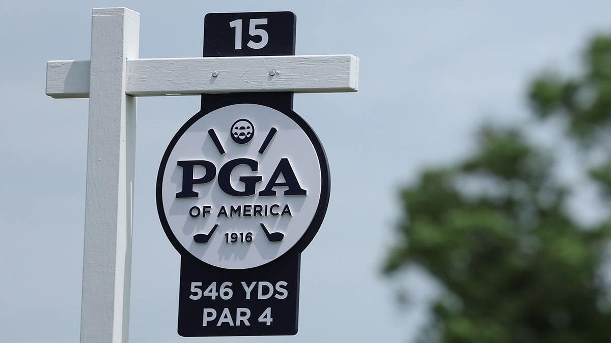 A general view of the 15th hole sign at Aronimink Golf Club in Newtown, Pennsylvania