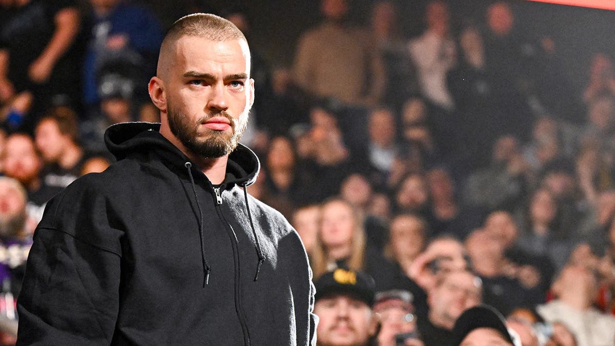 Austin Theory looking on during Monday Night RAW at Giant Center in Hershey, Pennsylvania