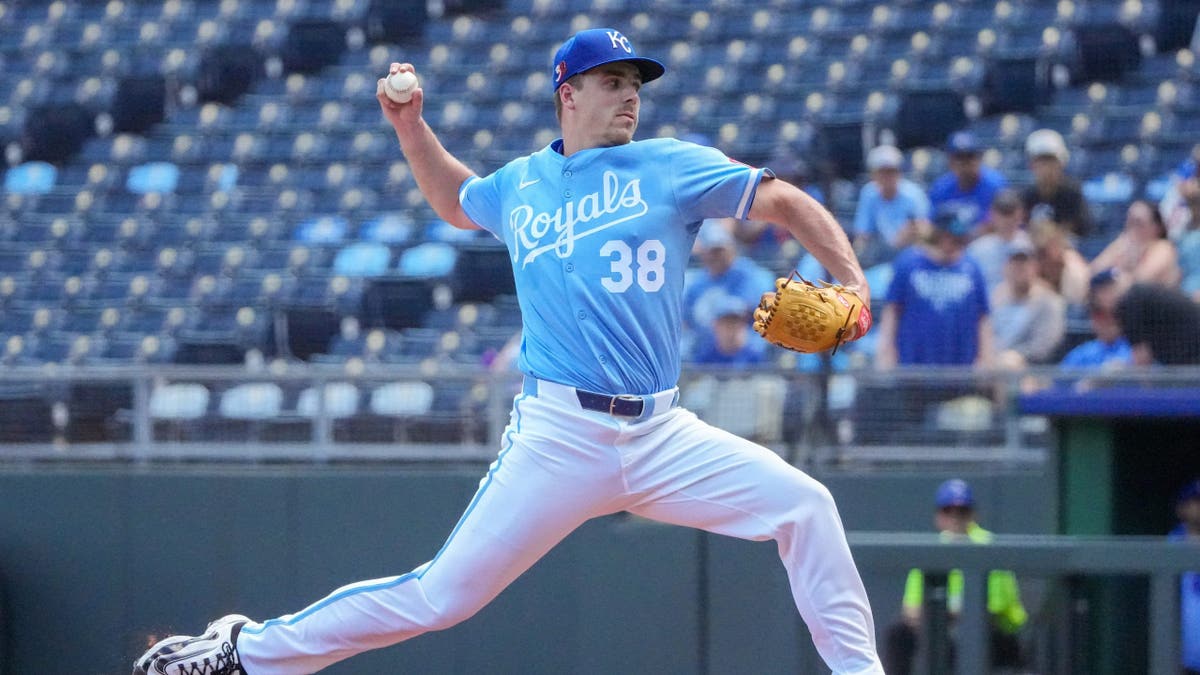 Bailey Falter pitching for Kansas City Royals at Kauffman Stadium
