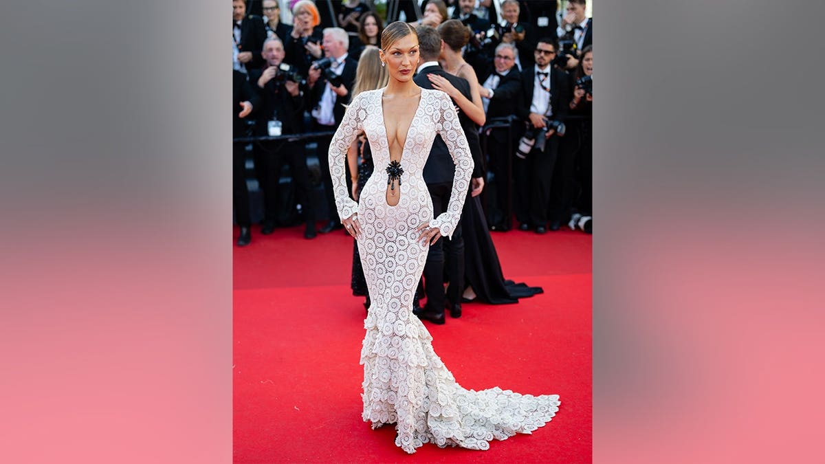 Bella Hadid in a white dress at the Cannes Film Festival in France in May 2026.