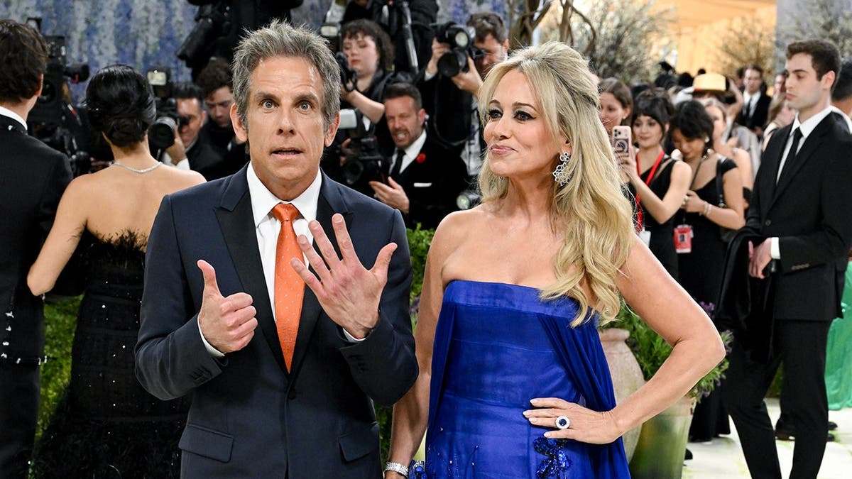 Ben Stiller and Christine Taylor posing at the Met Gala in New York City