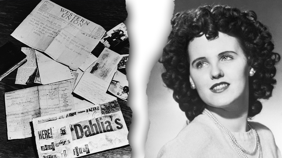 A achromatic  and achromatic  divided  representation  shows grounds  connected  a array  and a portraint of Elizabeth Short, the Black Dahlia