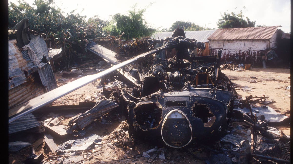 Blackhawk helicopter wreckage sitting on the ground in Mogadishu Somalia