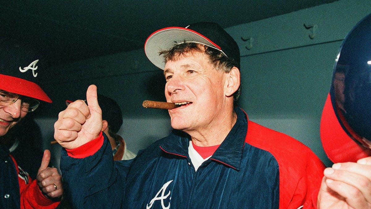 Bobby Cox celebrating astatine  Atlanta-Fulton County Stadium during 1995 World Series game