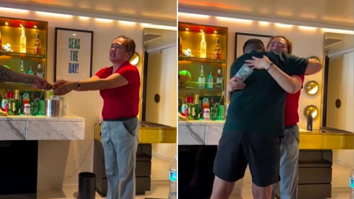 Bobby Rivas and a Virgin Voyages crew member hugging after Rivas gave her $5000.