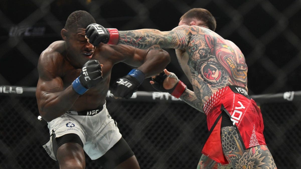 Sean Brady com luvas vermelhas lutando contra Joaquin Buckley com luvas azuis durante o UFC 328