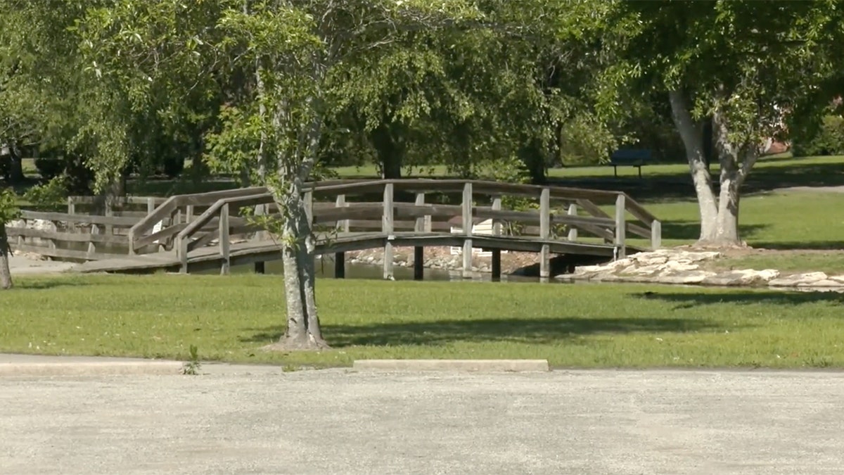 A wooden footbridge and grassy area at Webb Banks Passive Park in Brownsville, Tennessee, the site of a shooting.