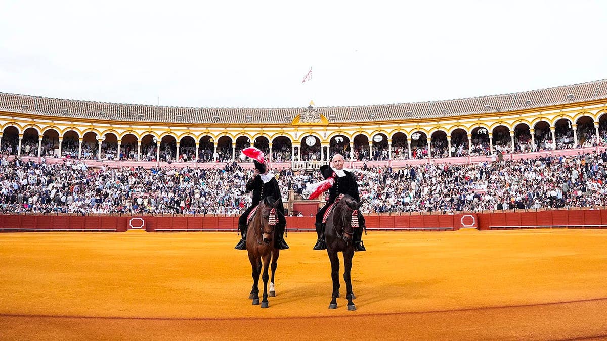Bullfighters Jose Maria Manzanares, Roca Rey, and Javier Zulueta in bullring in Seville Spain