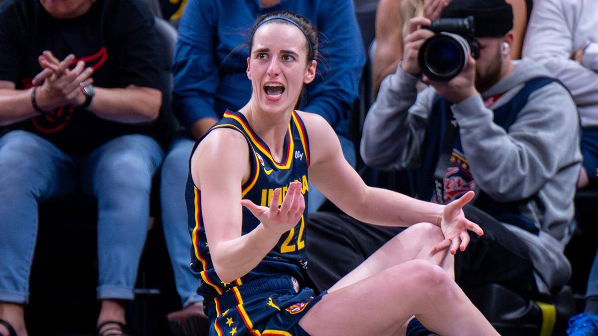 Indiana Fever guard Caitlin Clark reacting during a WNBA game at Gainbridge Fieldhouse