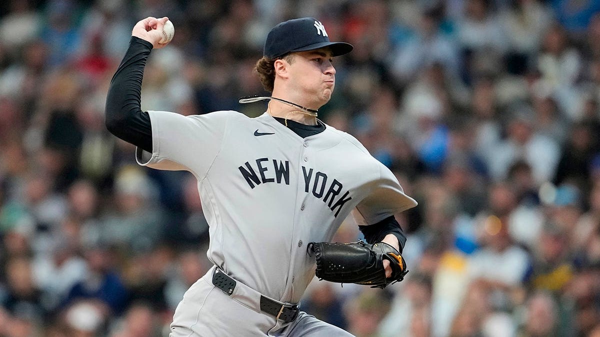 New York Yankees' Cam Schlittler pitching during a shot crippled successful Milwaukee