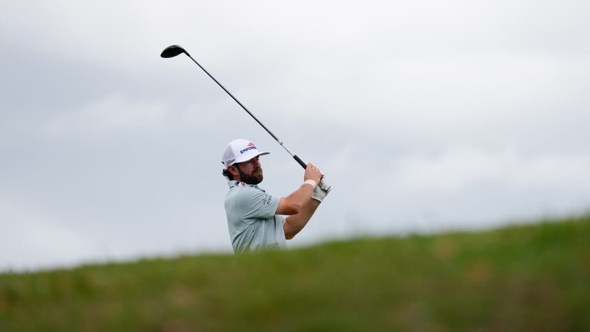 Cameron Young hitting a golf shot off the eighth tee at Cadillac Championship in Doral, Fla.