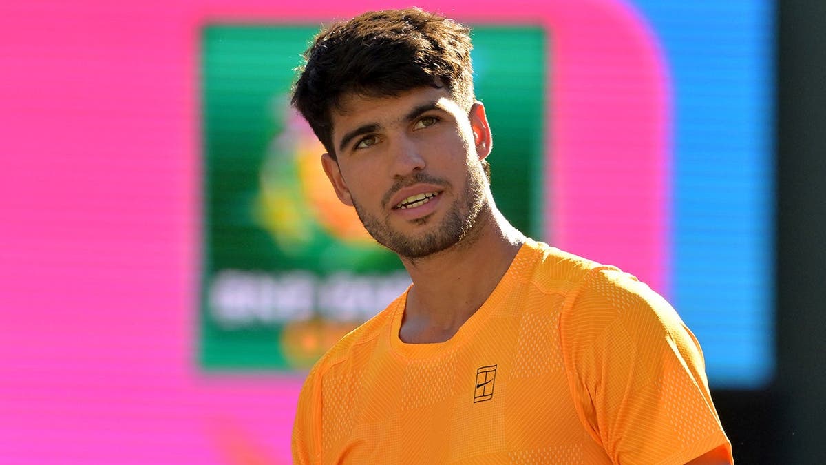 Carlos Alcaraz pumps his fist connected  tennis tribunal  astatine  Indian Wells Tennis Garden