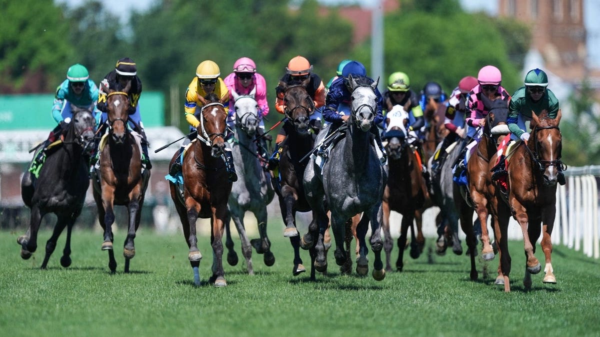 Horses run on the turf during race seven on 'Thurby' day at Churchill Downs in Louisville during 2026 Kentucky Derby week.