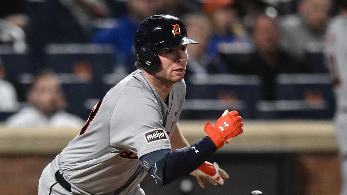 Detroit Tigers third baseman Colt Keith hitting a single at Citi Field
