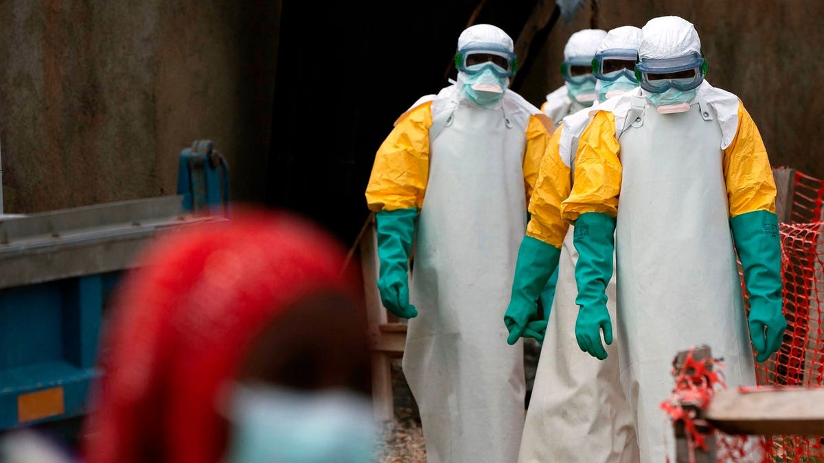 Operatori sanitari in equipaggiamento protettivo iniziano il turno nel centro di trattamento dell'Ebola a Beni Congo