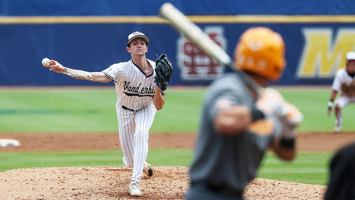 Vanderbilt pitcher Connor Fennell pitching during a baseball game at Hoover Metropolitan Stadium