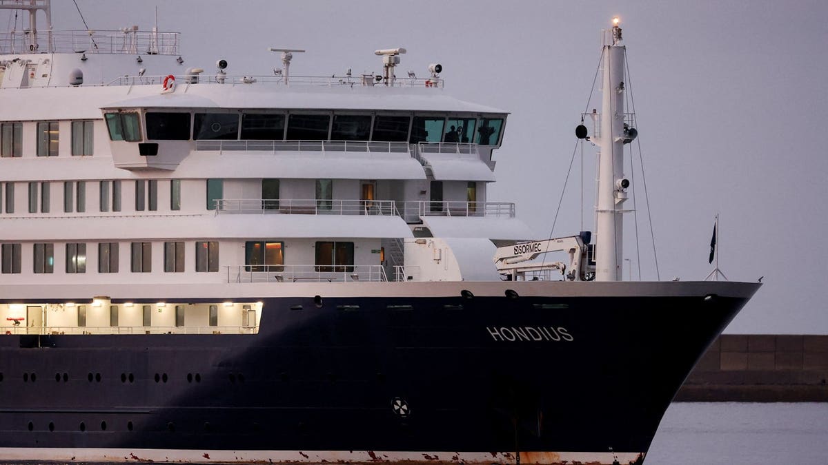 The cruise ship MV Hondius arrives at the port of Granadilla de Abona