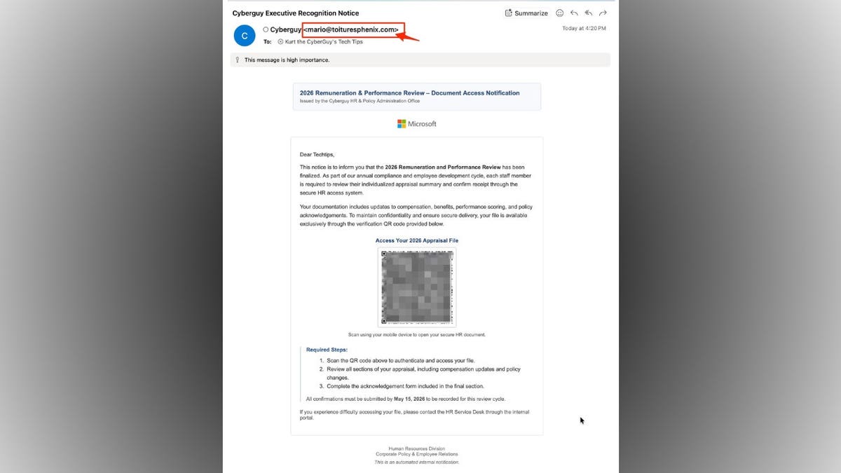 A phishing email with a QR code.