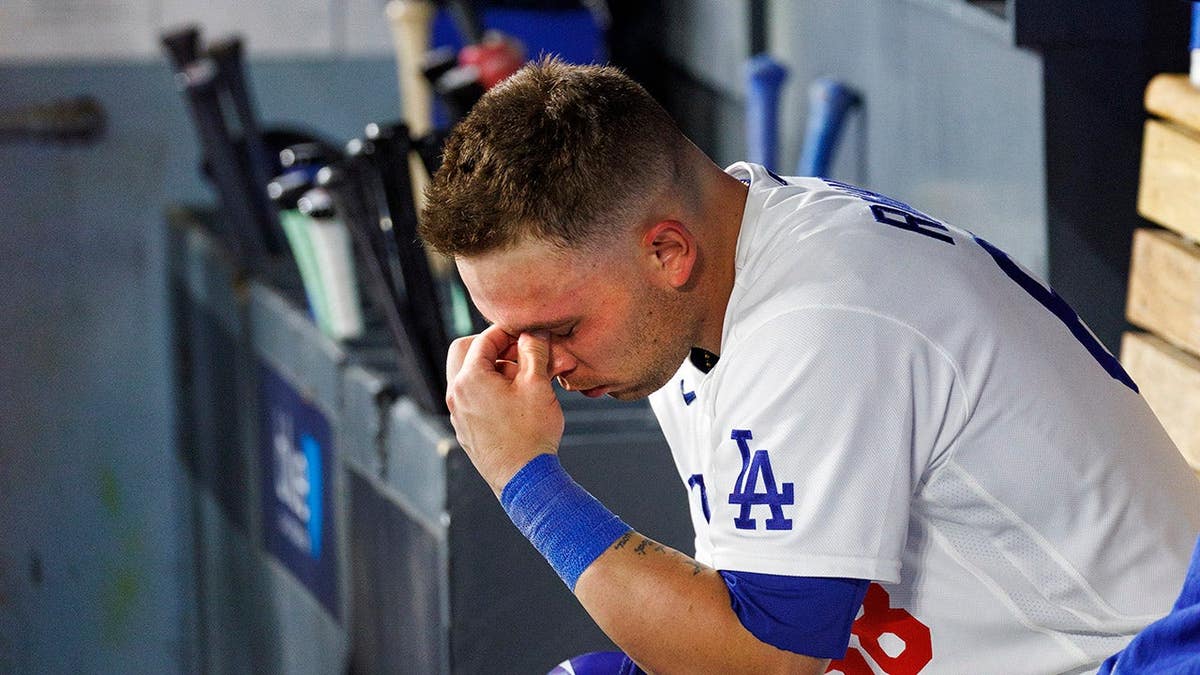 Los Angeles Dodgers catcher Dalton Rushing reacting in dugout at Dodger Stadium