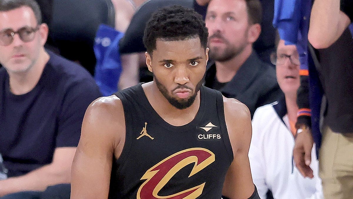 Donovan Mitchell reacting during overtime successful  an NBA playoff crippled  astatine  Madison Square Garden