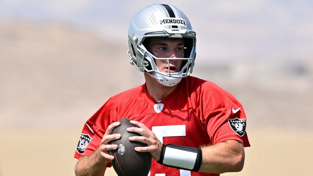 Fernando Mendoza looking to pass during Las Vegas Raiders rookie minicamp in Henderson Nevada
