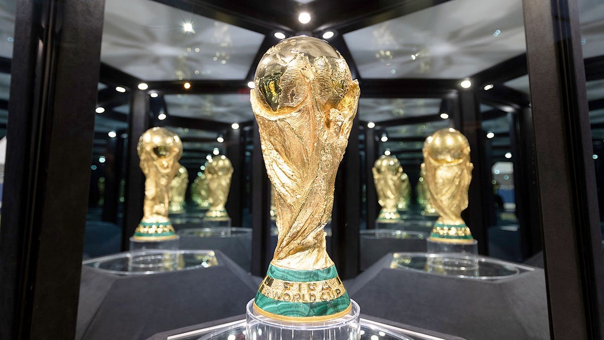 The original FIFA World Cup trophy displayed in Dallas, Texas.