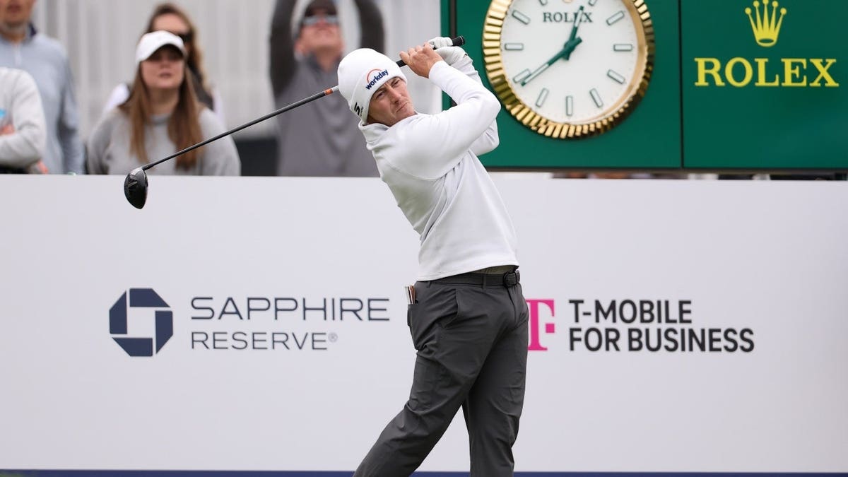 Matt Fitzpatrick hits a tee shot during a practice round for the 2026 PGA Championship golf at Aronimink Golf Club.