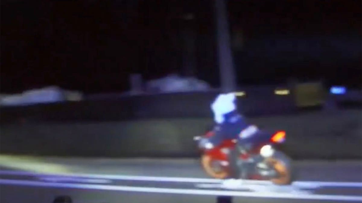 Un motorista con un casco de conejo circulando por una autopista