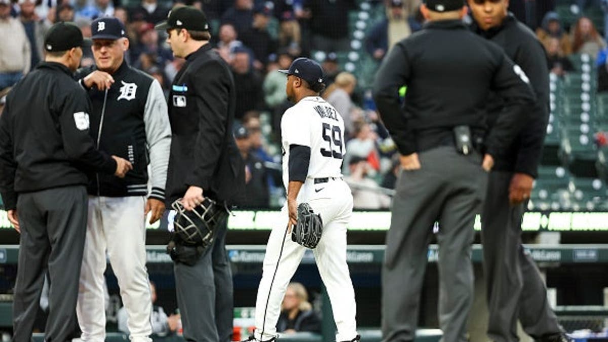 Framber Valdez walking to clubhouse after ejection at Comerica Park