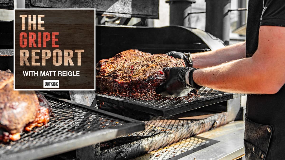 Guy cooking BBQ and the Gripe Report logo