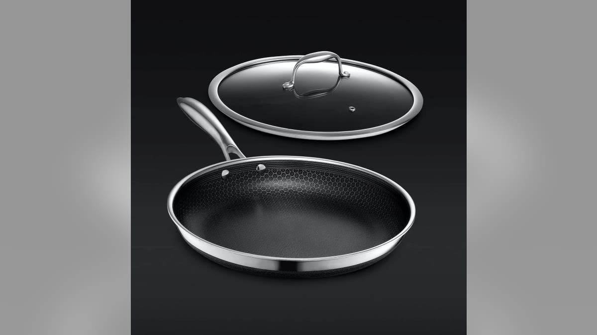 This pan’s hybrid surface supports even cooking and easy cleanup.