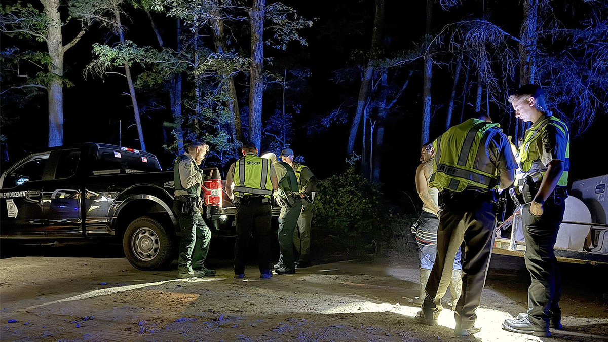 Law enforcement officers detain individuals during a nighttime forest crime operation in Georgia