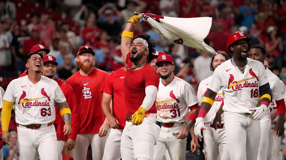 St. Louis Cardinals' Ivan Herrera celebrating with garment successful manus connected shot field