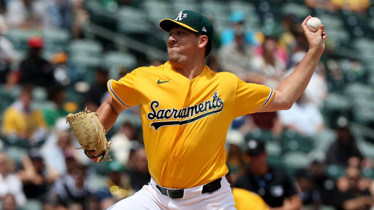 Jacob Lopez pitching for the Athletics at Sutter Health Park