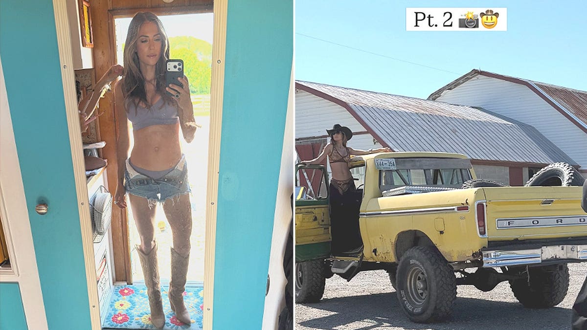 Split photos of Jana Kramer in denim shorts and beside a pickup truck.