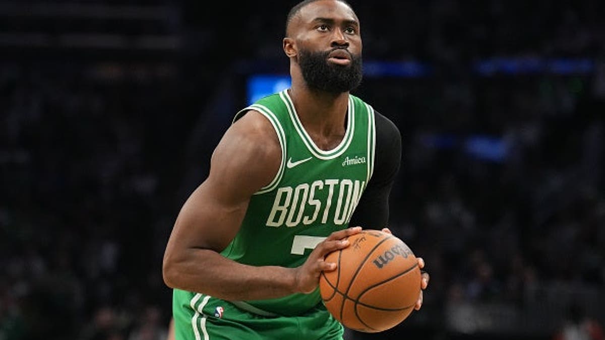 Jaylen Brown shooting a free throw at TD Garden in Boston