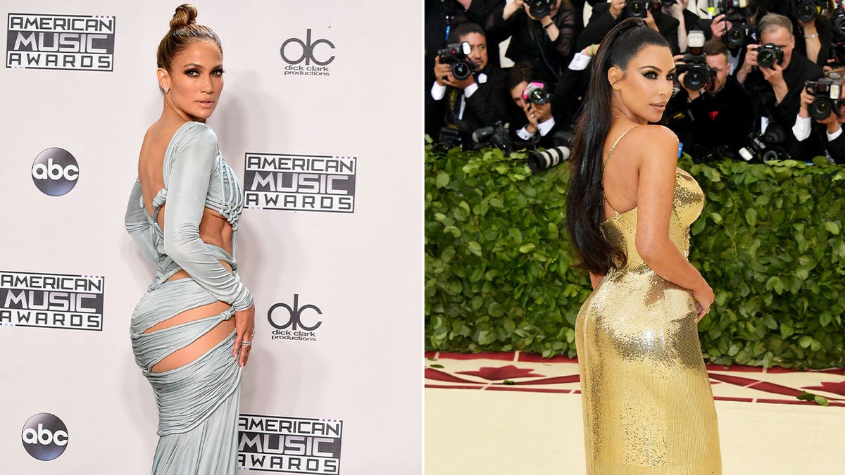 Jennifer Lopez exibindo suas curvas em 2015 e Kim Kardashian exibindo as dela em 2018