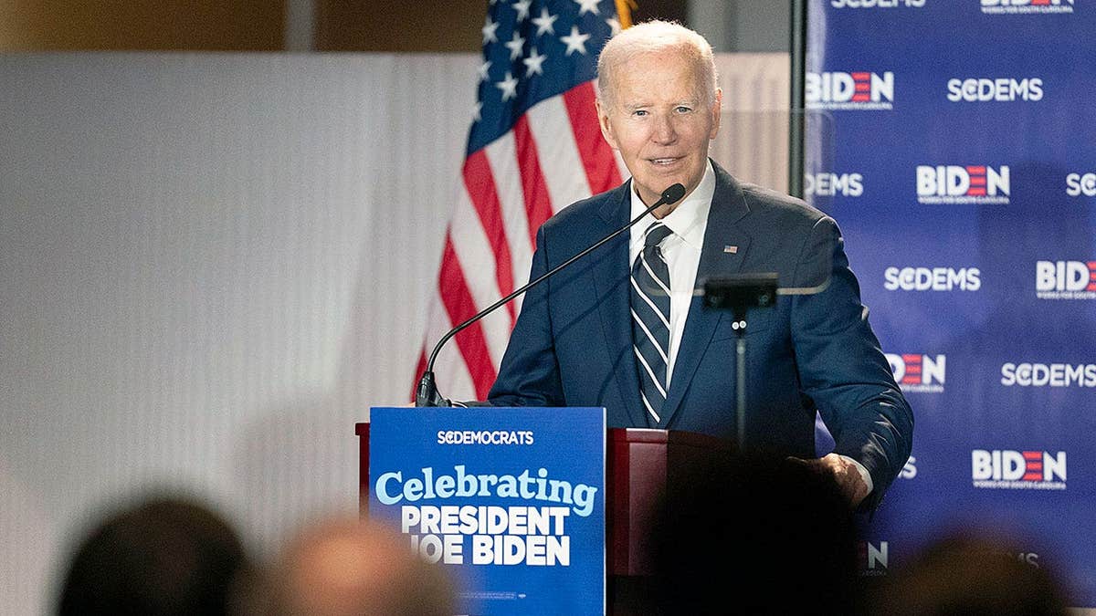 Former President Joe Biden speaking to a crowd at a fundraising event in Columbia, South Carolina