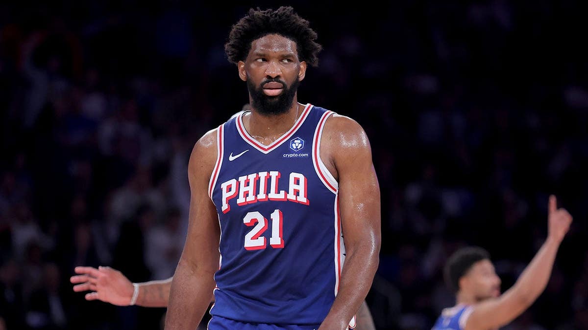 Joel Embiid reacting during NBA playoff game at Madison Square Garden