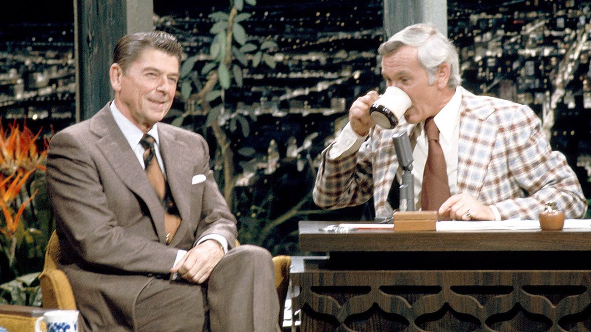 Ronald Reagan speaks with Johnny Carson during 'Tonight Show' interview.