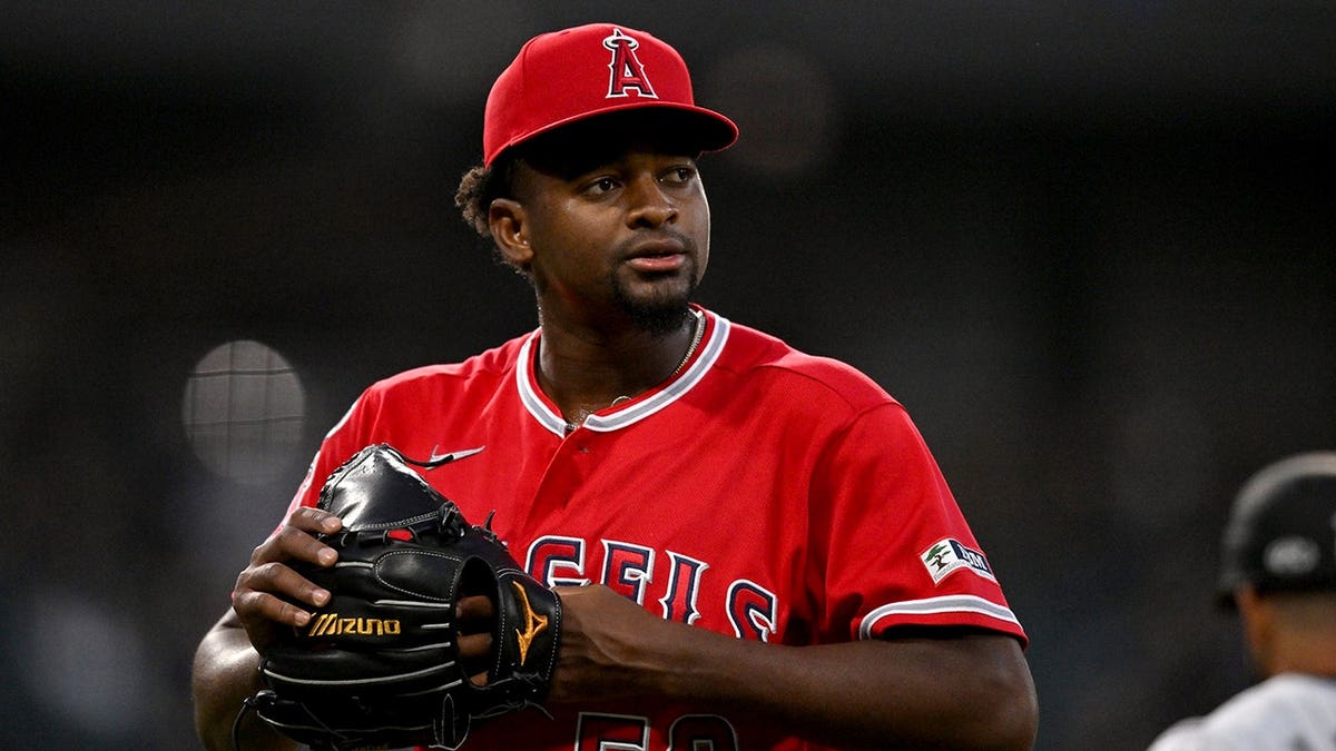 Los Angeles Angels pitcher Jose Soriano walking back to the dugout at Rate Field