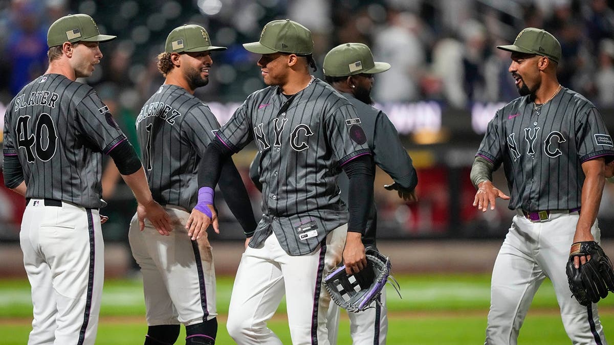 New York Mets' Juan Soto celebrating with Austin Slater connected  shot   field
