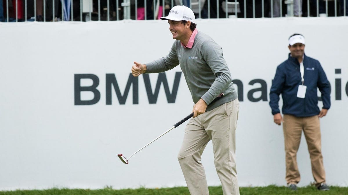 Keegan Bradley reacting after winning a playoff hole at Aronimink Golf Club