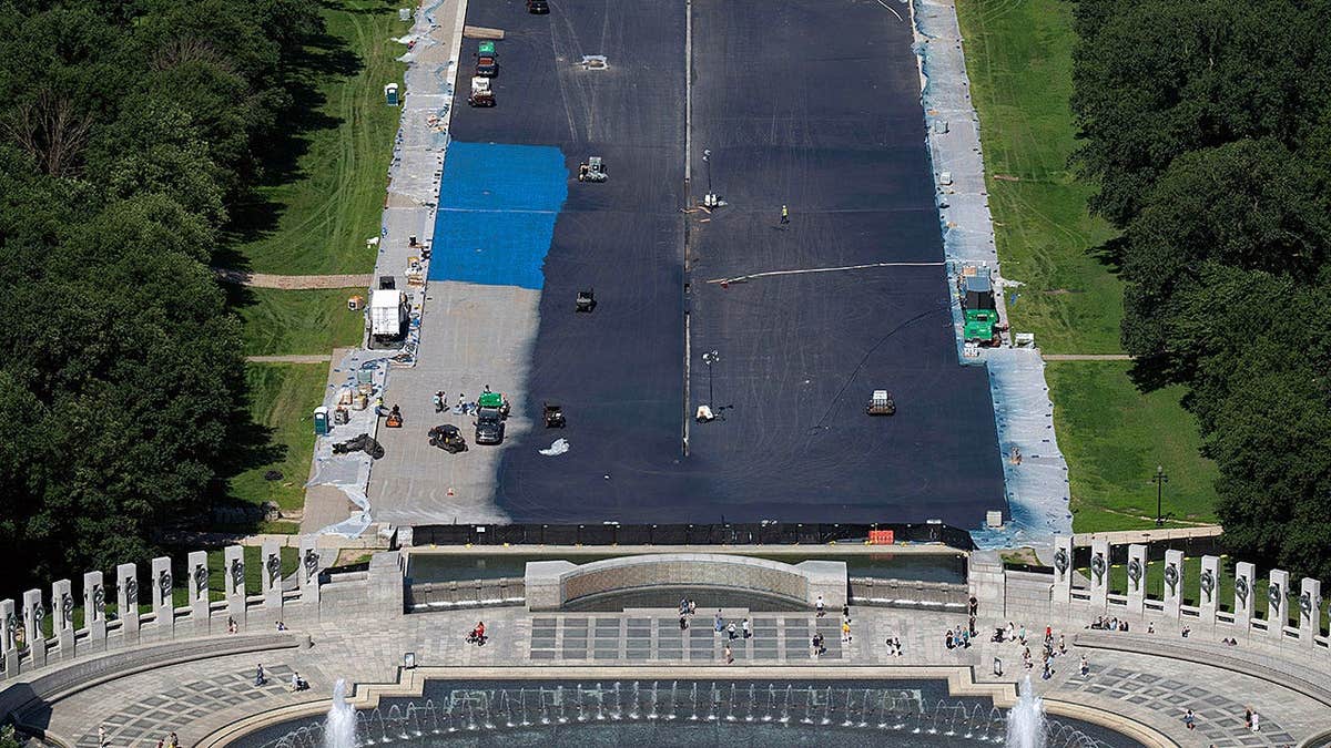 Workers applying blue protective coating to Lincoln Memorial Reflecting Pool in Washington