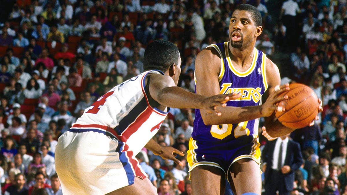 Magic Johnson defending against Joe Dumars during an NBA Finals crippled  astatine  the Silverdome