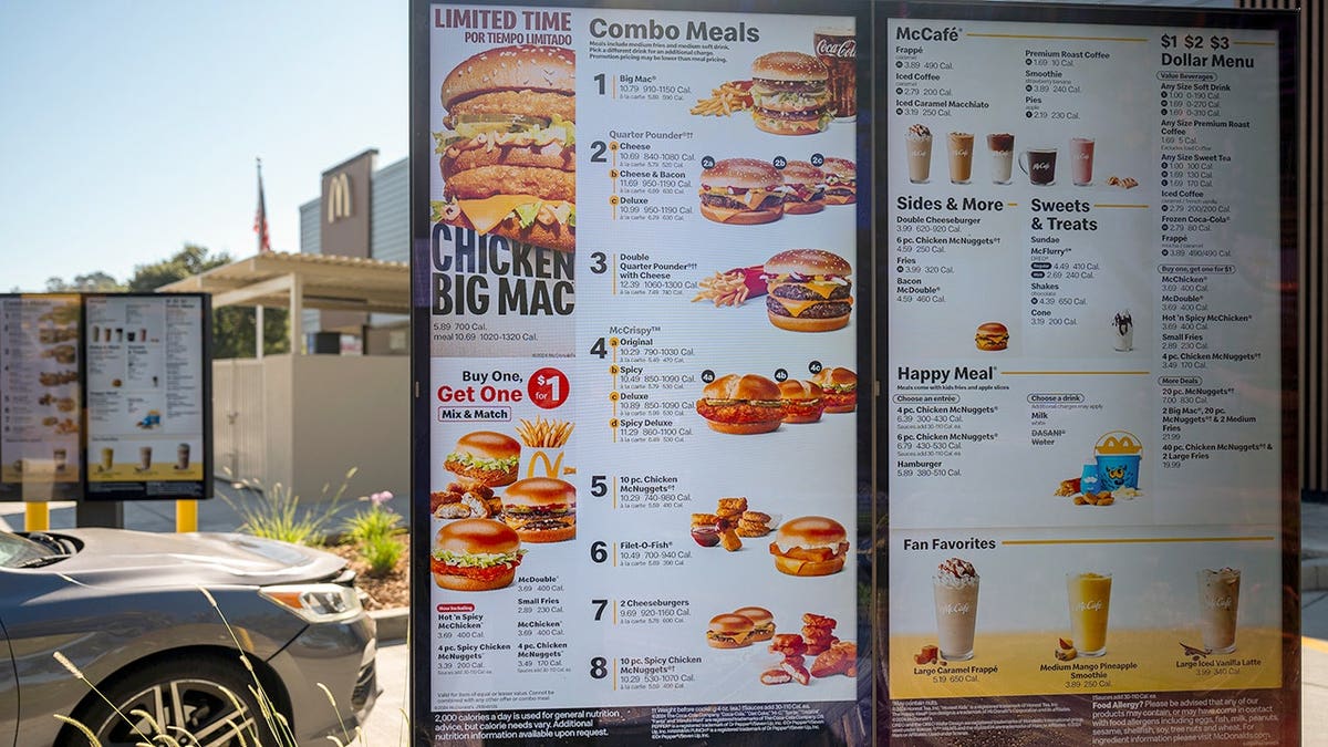 Drive-thru menu board outside McDonald's restaurant in Hercules, California