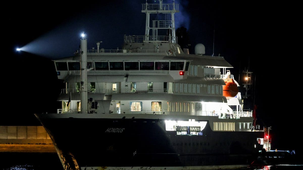 The cruise ship MV Hondius arrives at the port of Granadilla de Abona