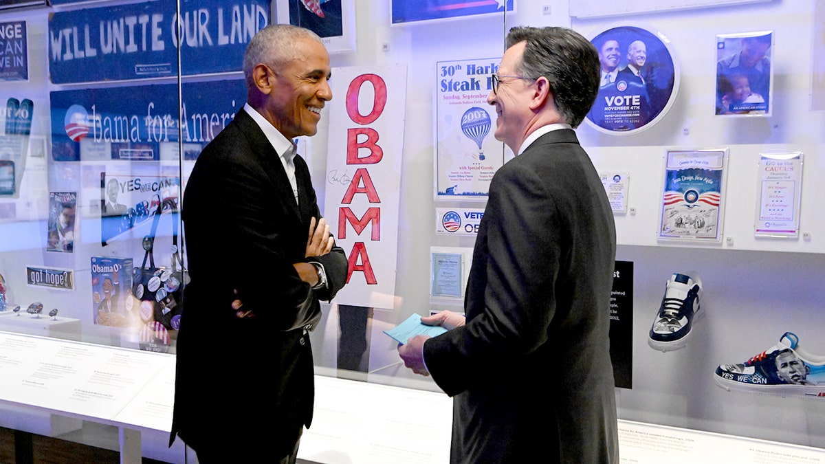 Former President Barack Obama and "Late Show" host Stephen Colbert tour the Obama Presidential Center in Chicago.