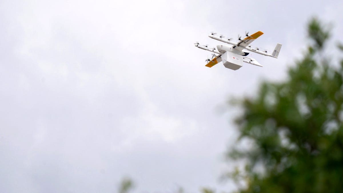 A wing drone delivers food.