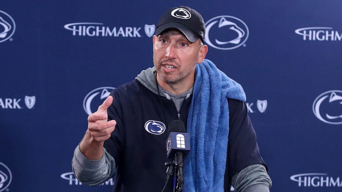 Penn State head coach Matt Campbell answering questions from media at Beaver Stadium